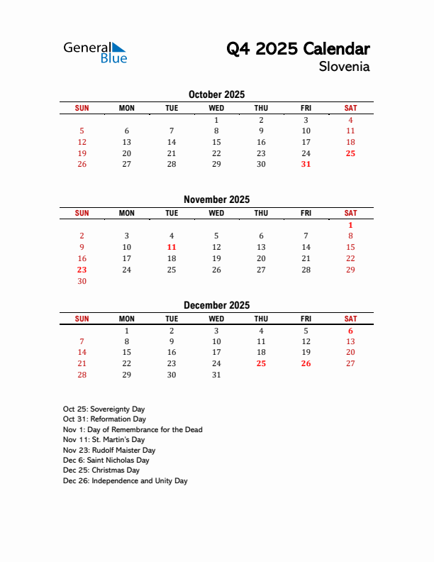 2025 Q4 Calendar with Holidays List for Slovenia