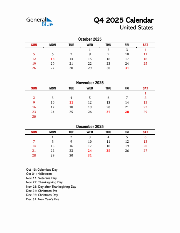 2025 Q4 Calendar with Holidays List for United States