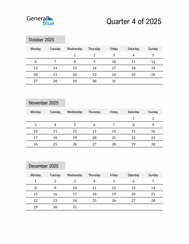 October, November, and December Calendar 2025