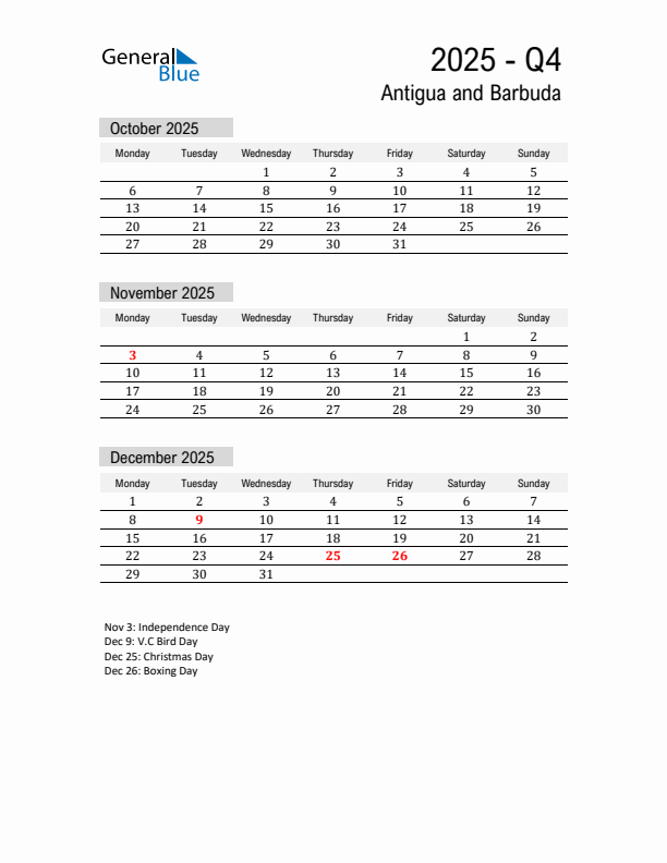 Antigua and Barbuda Quarter 4 2025 Calendar with Holidays