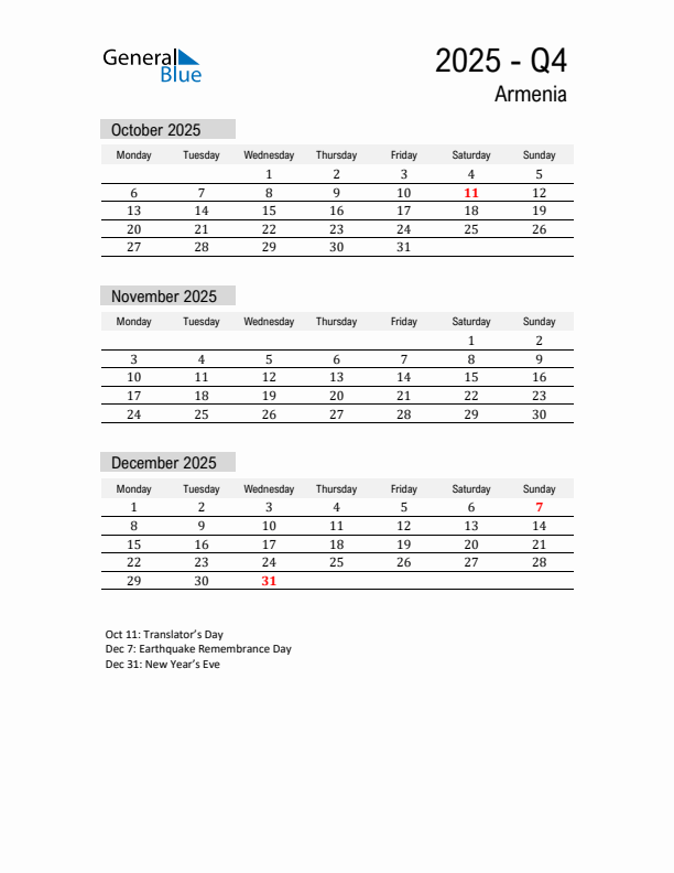 Armenia Quarter 4 2025 Calendar with Holidays
