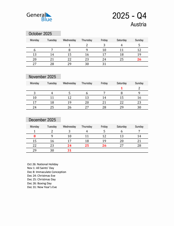 Austria Quarter 4 2025 Calendar with Holidays