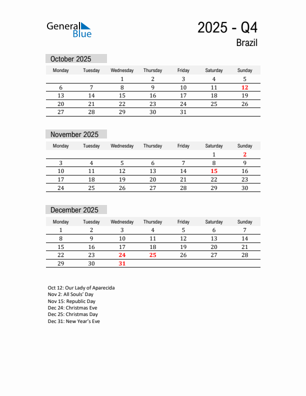 Brazil Quarter 4 2025 Calendar with Holidays