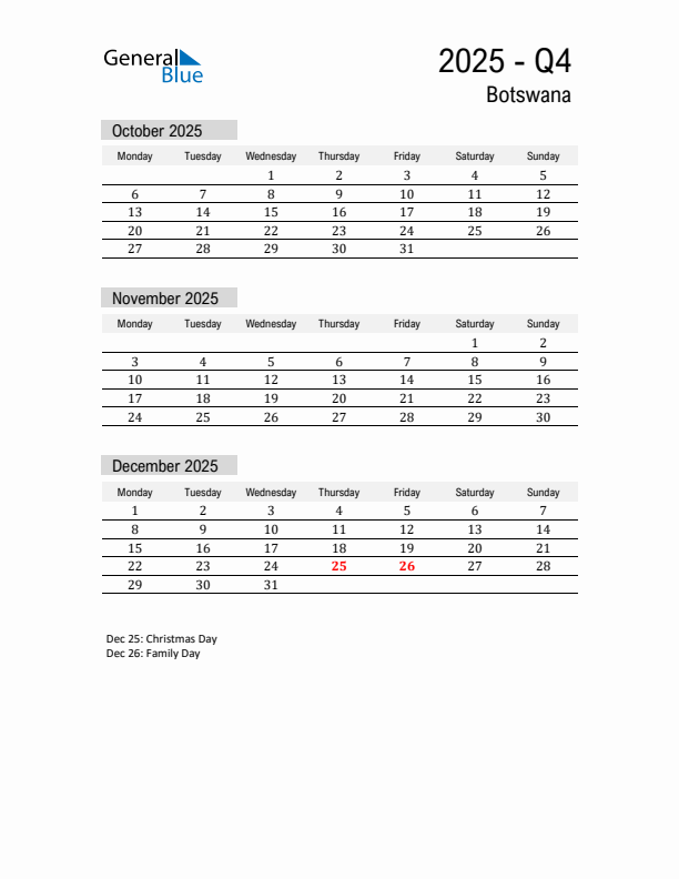 Botswana Quarter 4 2025 Calendar with Holidays