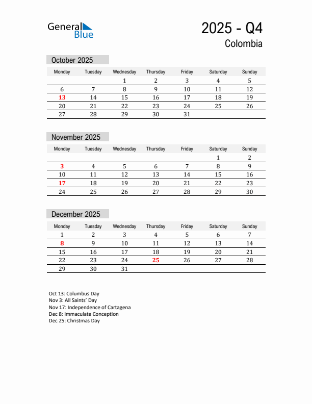 Colombia Quarter 4 2025 Calendar with Holidays