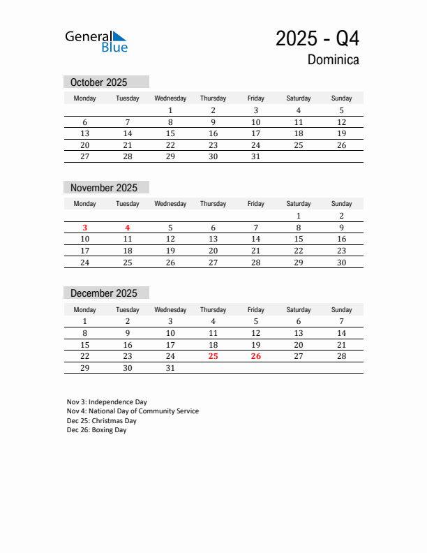 Dominica Quarter 4 2025 Calendar with Holidays