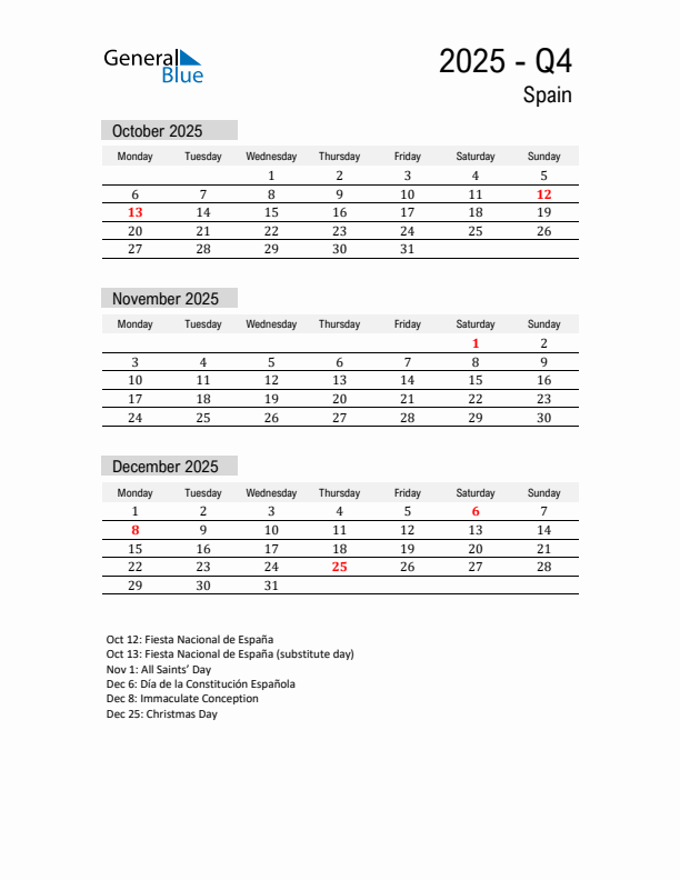 Spain Quarter 4 2025 Calendar with Holidays