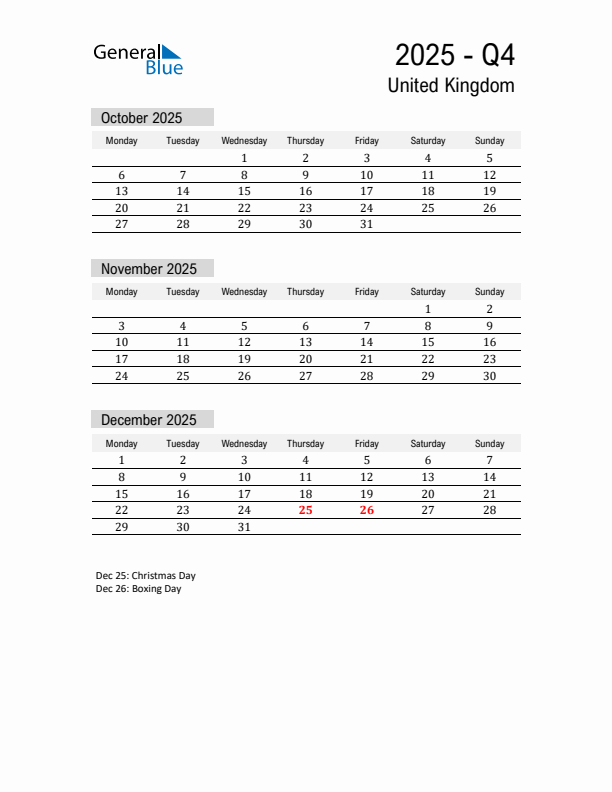 United Kingdom Quarter 4 2025 Calendar with Holidays
