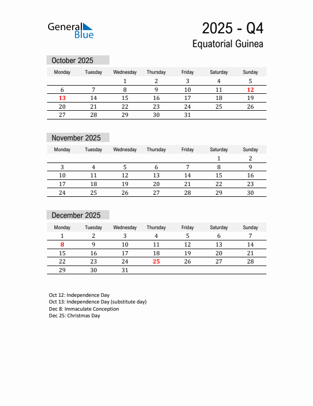 Equatorial Guinea Quarter 4 2025 Calendar with Holidays