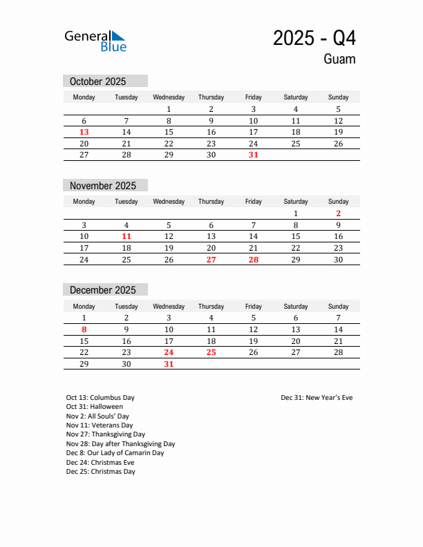 Guam Quarter 4 2025 Calendar with Holidays