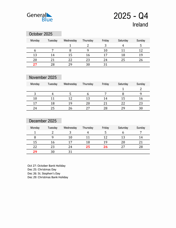 Ireland Quarter 4 2025 Calendar with Holidays