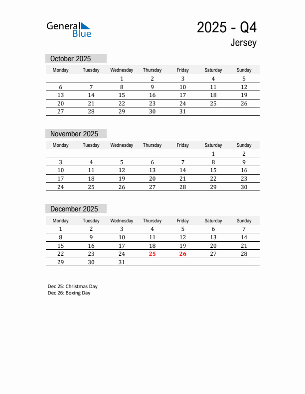 Jersey Quarter 4 2025 Calendar with Holidays