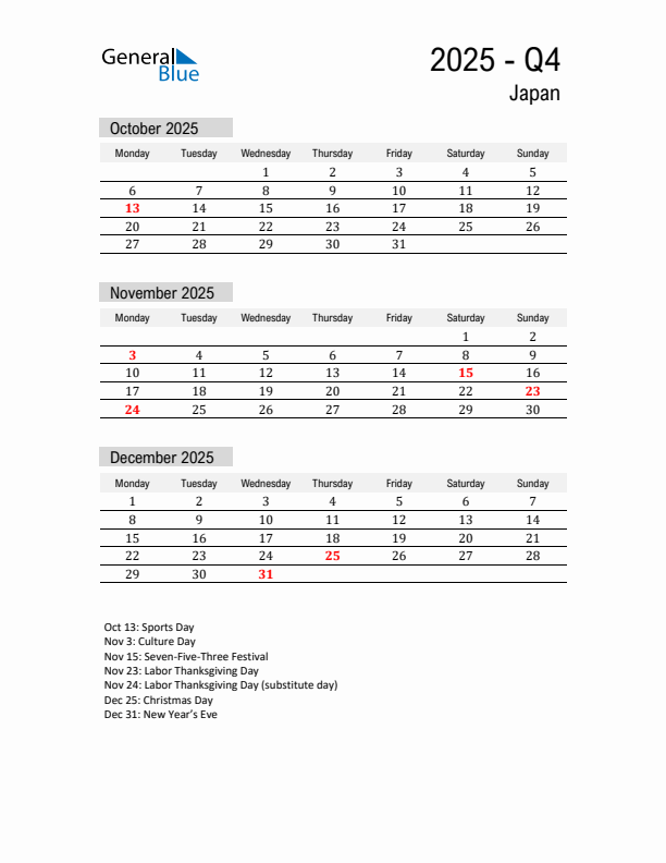 Japan Quarter 4 2025 Calendar with Holidays