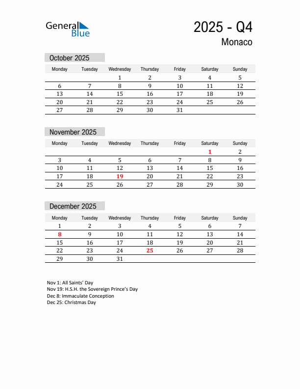 Monaco Quarter 4 2025 Calendar with Holidays