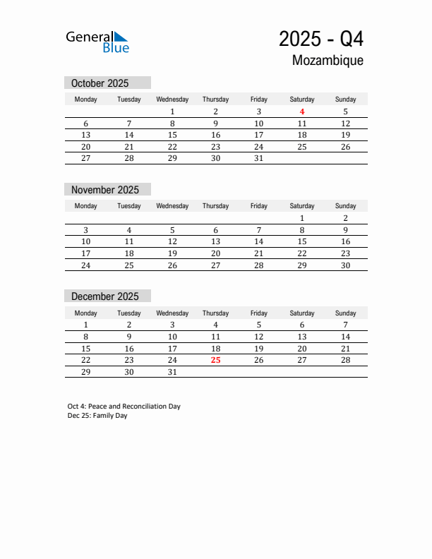 Mozambique Quarter 4 2025 Calendar with Holidays