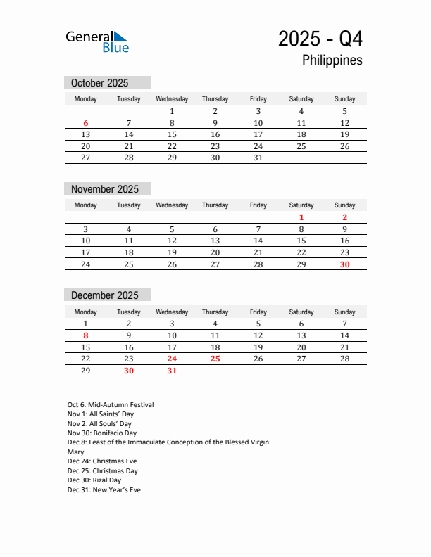 Philippines Quarter 4 2025 Calendar with Holidays