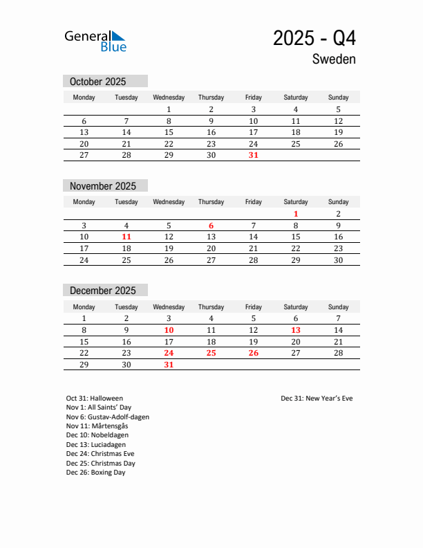 Sweden Quarter 4 2025 Calendar with Holidays