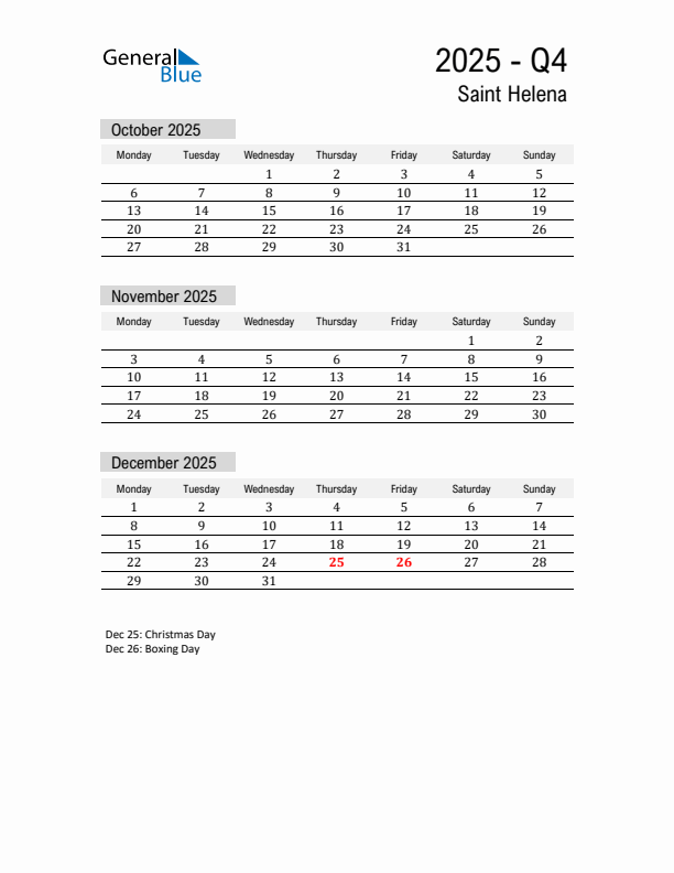 Saint Helena Quarter 4 2025 Calendar with Holidays