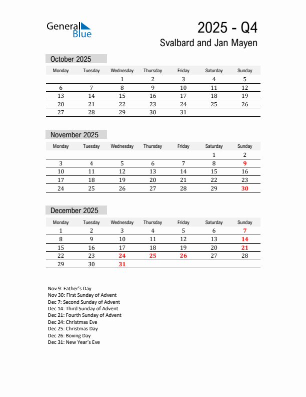 Svalbard and Jan Mayen Quarter 4 2025 Calendar with Holidays