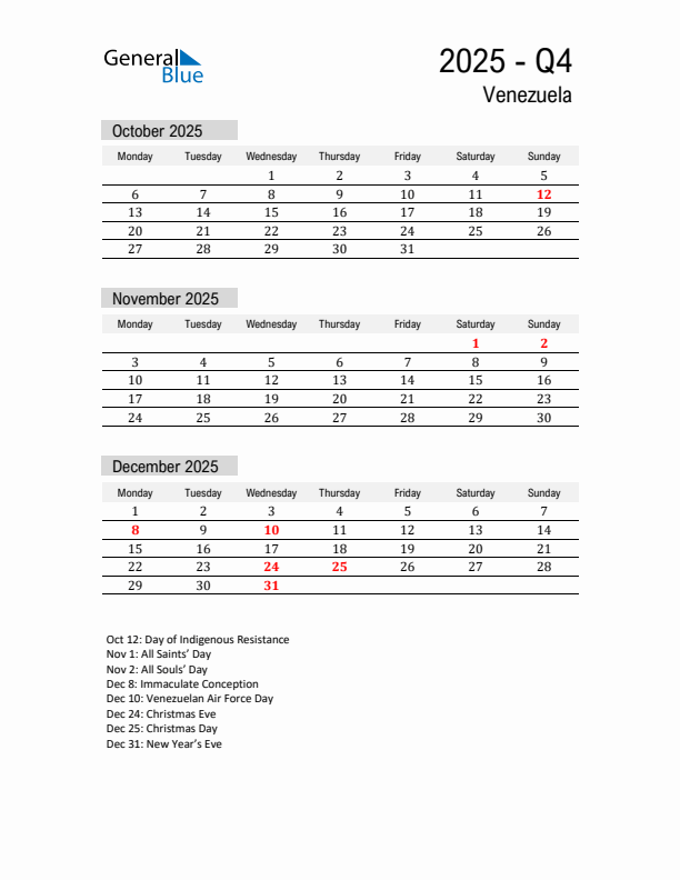 Venezuela Quarter 4 2025 Calendar with Holidays