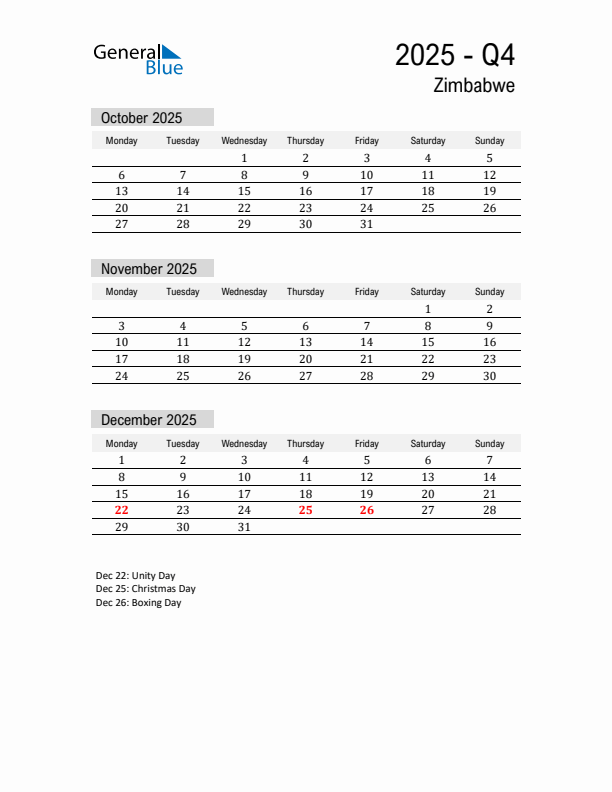 Zimbabwe Quarter 4 2025 Calendar with Holidays