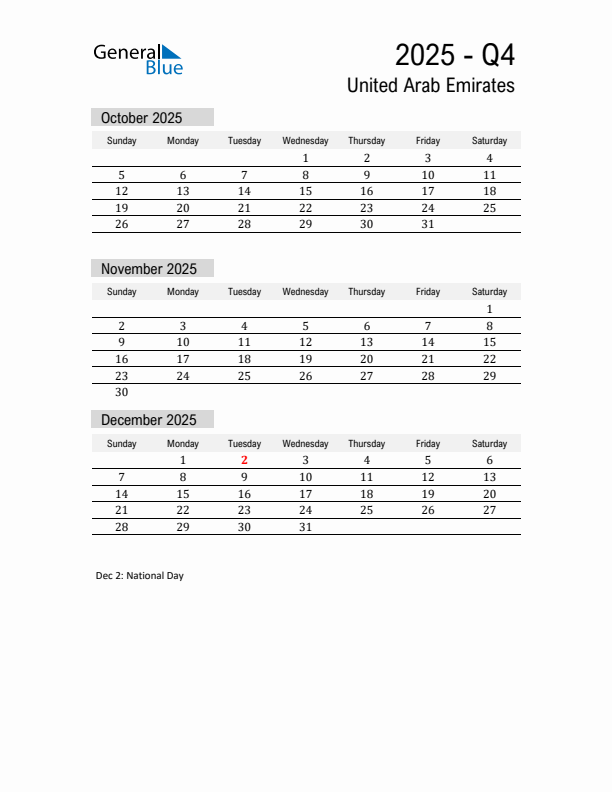 United Arab Emirates Quarter 4 2025 Calendar with Holidays