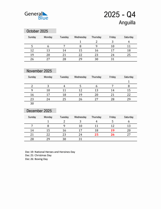 Anguilla Quarter 4 2025 Calendar with Holidays