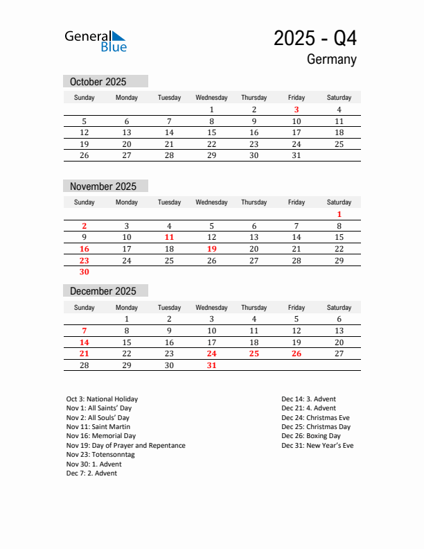 Germany Quarter 4 2025 Calendar with Holidays