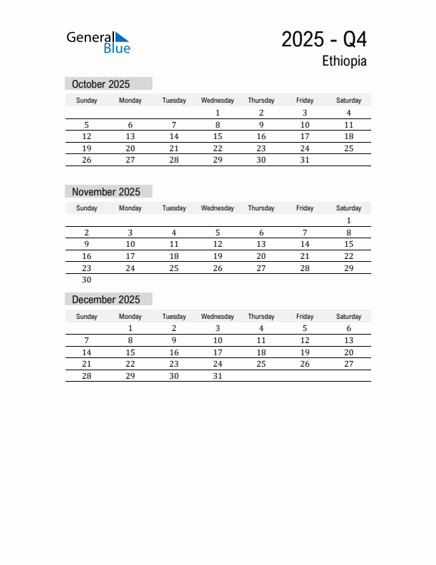 Ethiopia Quarter 4 2025 Calendar with Holidays