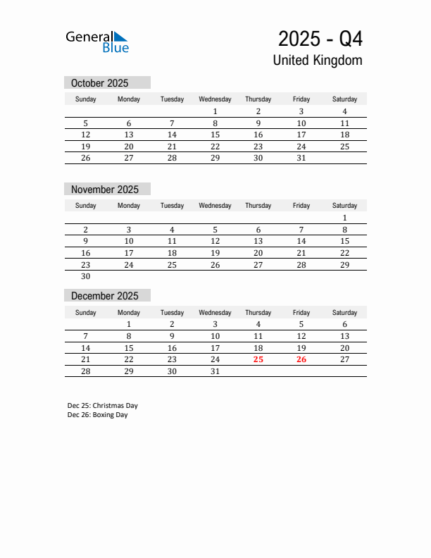 United Kingdom Quarter 4 2025 Calendar with Holidays