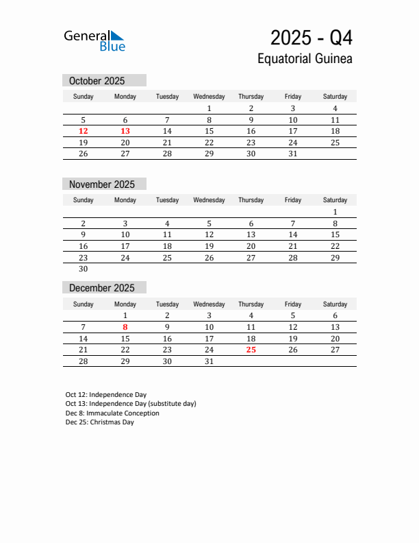 Equatorial Guinea Quarter 4 2025 Calendar with Holidays