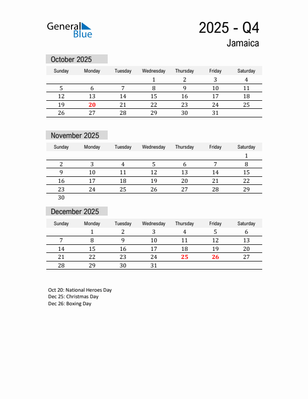 Jamaica Quarter 4 2025 Calendar with Holidays