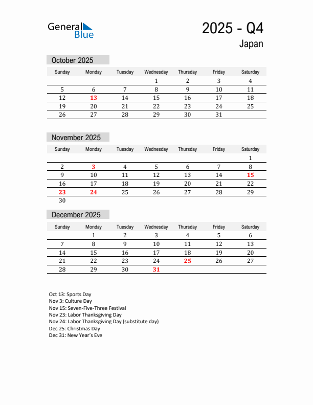 Japan Quarter 4 2025 Calendar with Holidays