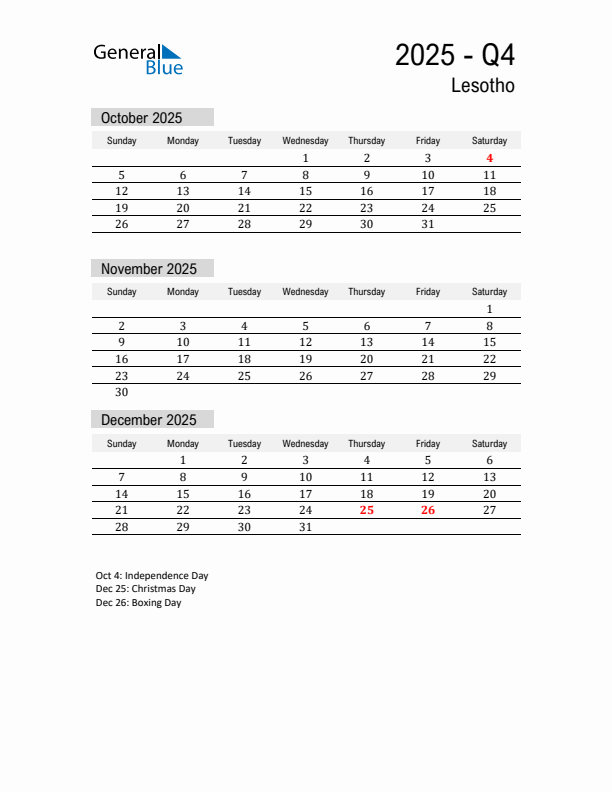 Lesotho Quarter 4 2025 Calendar with Holidays