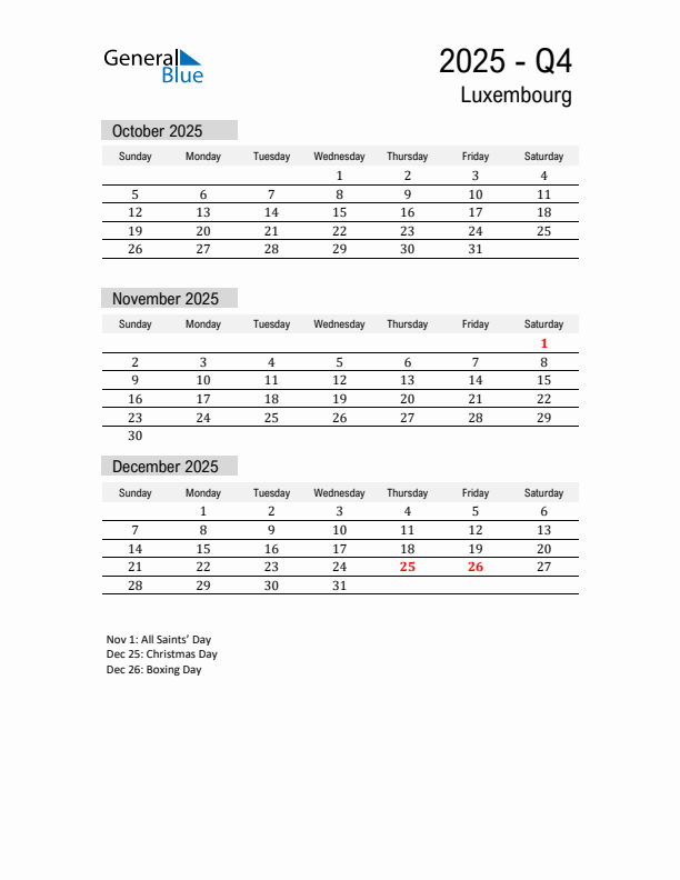 Luxembourg Quarter 4 2025 Calendar with Holidays