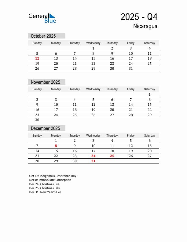 Nicaragua Quarter 4 2025 Calendar with Holidays