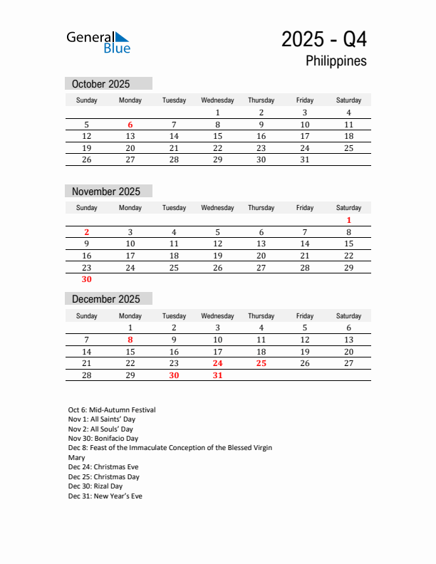 Philippines Quarter 4 2025 Calendar with Holidays