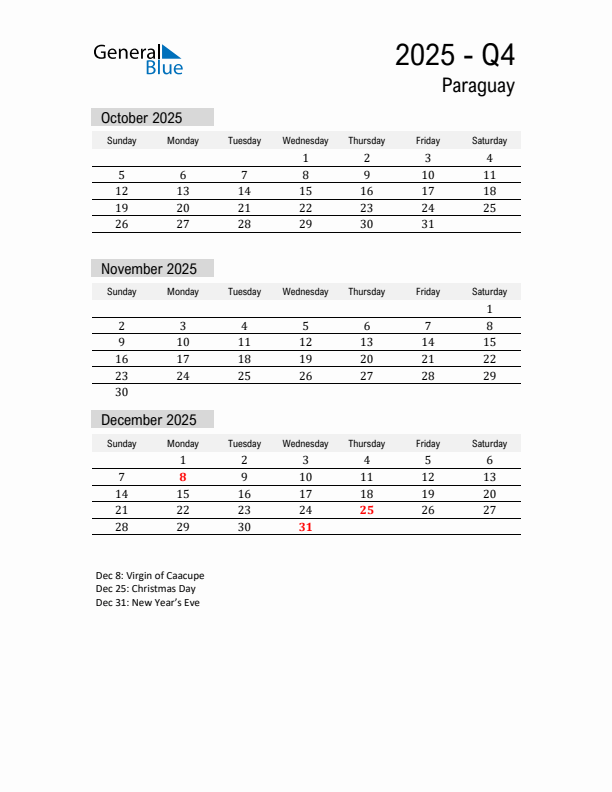 Paraguay Quarter 4 2025 Calendar with Holidays