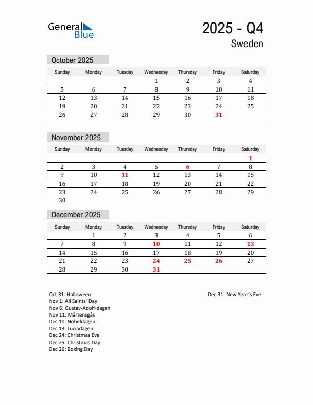 Sweden Quarter 4 2025 Calendar with Holidays