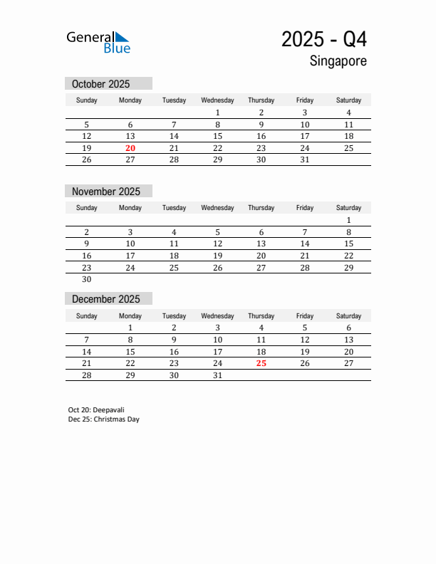 Singapore Quarter 4 2025 Calendar with Holidays