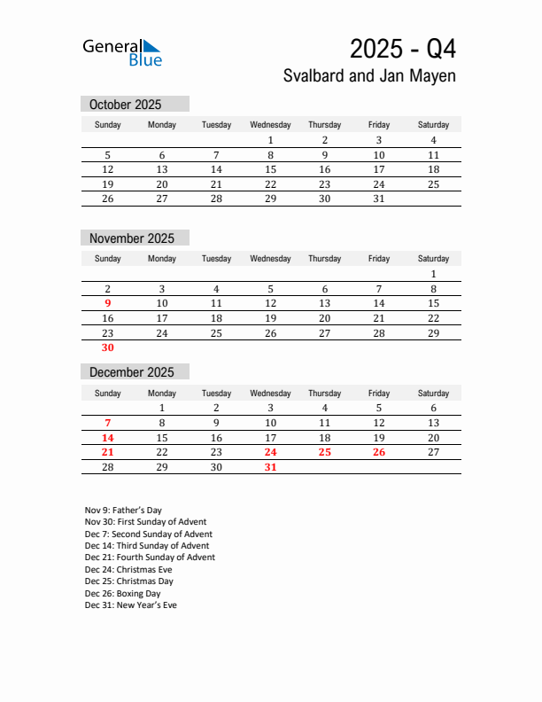 Svalbard and Jan Mayen Quarter 4 2025 Calendar with Holidays