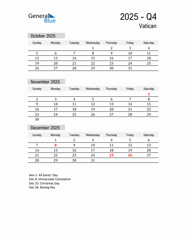 Vatican Quarter 4 2025 Calendar with Holidays