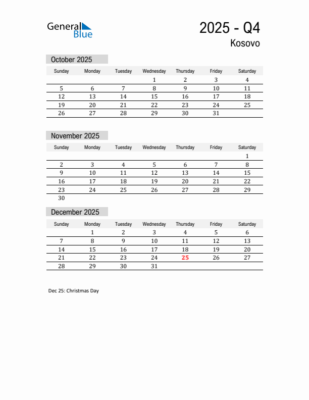 Kosovo Quarter 4 2025 Calendar with Holidays