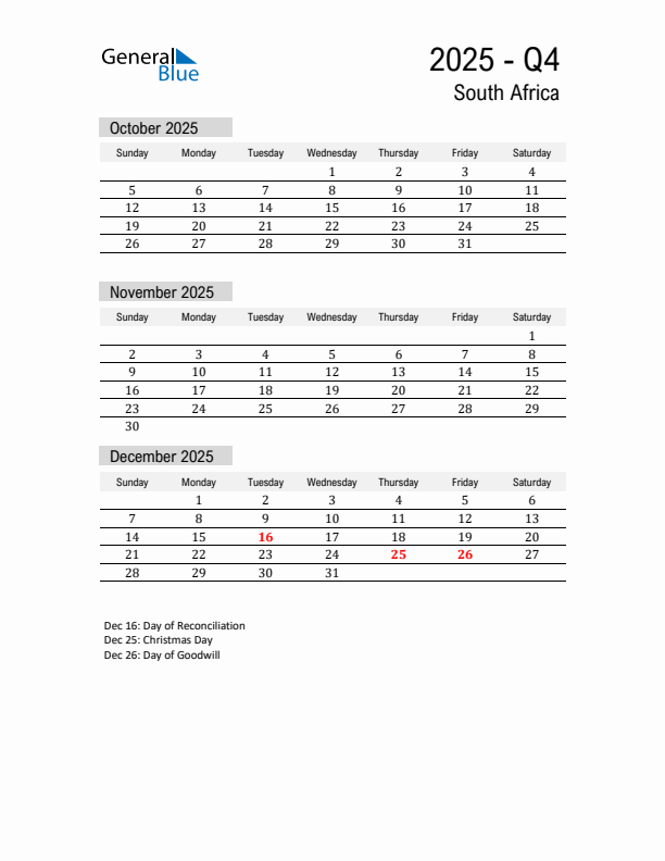 South Africa Quarter 4 2025 Calendar with Holidays