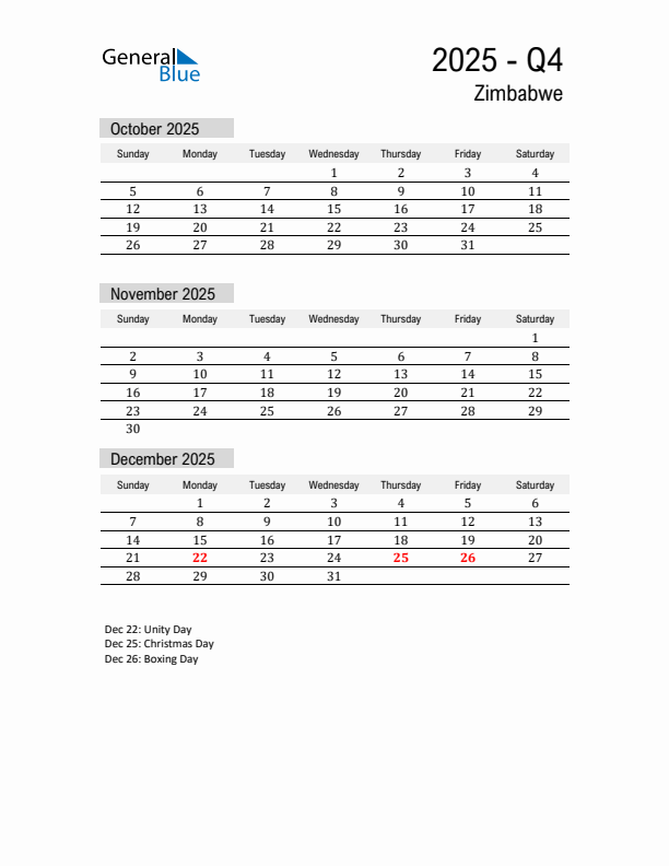 Zimbabwe Quarter 4 2025 Calendar with Holidays