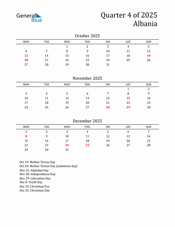 Quarter 4 2025 Albania Quarterly Calendar