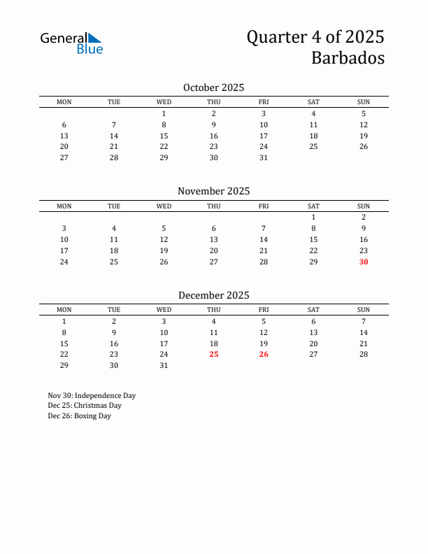 Quarter 4 2025 Barbados Quarterly Calendar