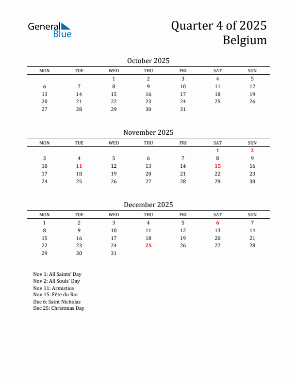 Quarter 4 2025 Belgium Quarterly Calendar