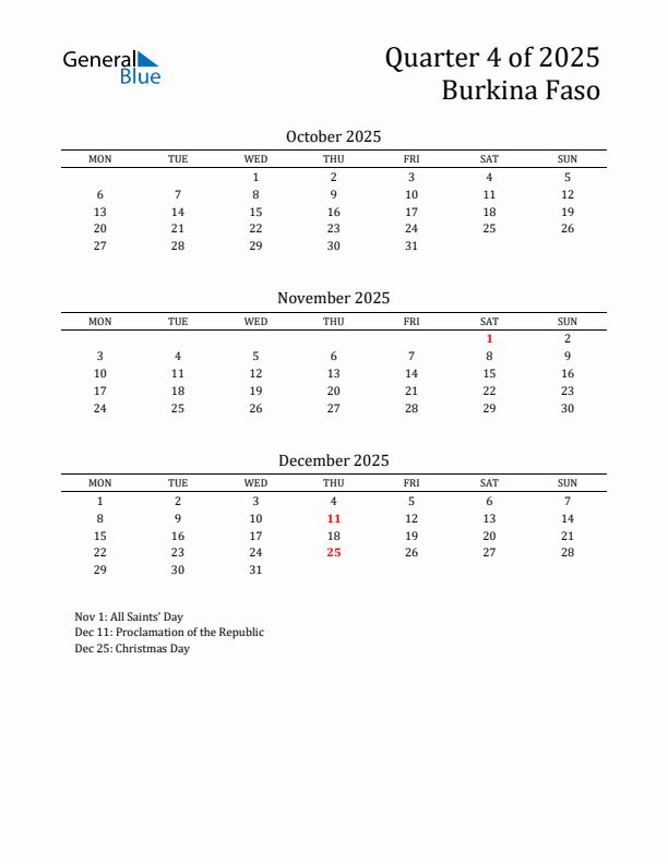 Quarter 4 2025 Burkina Faso Quarterly Calendar