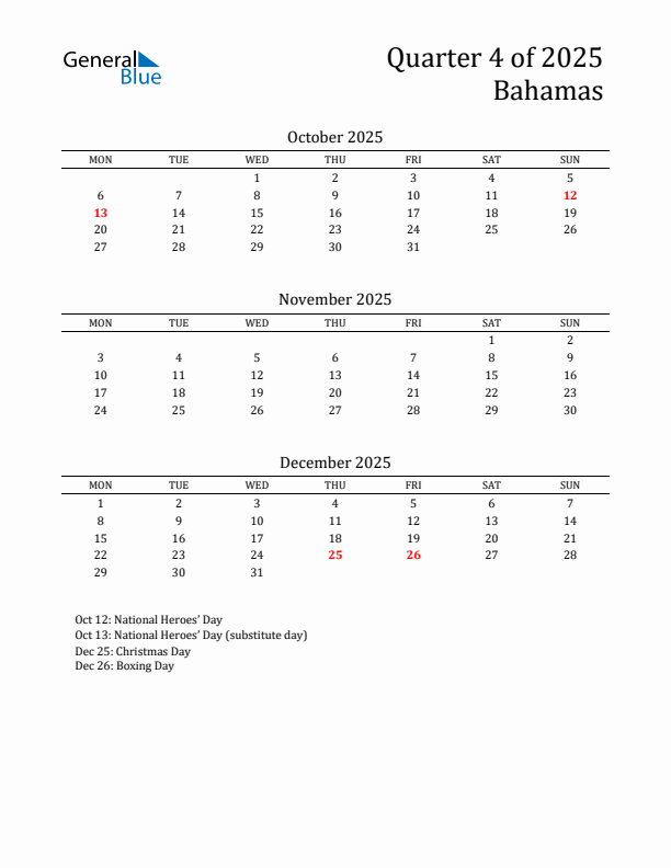 Quarter 4 2025 Bahamas Quarterly Calendar